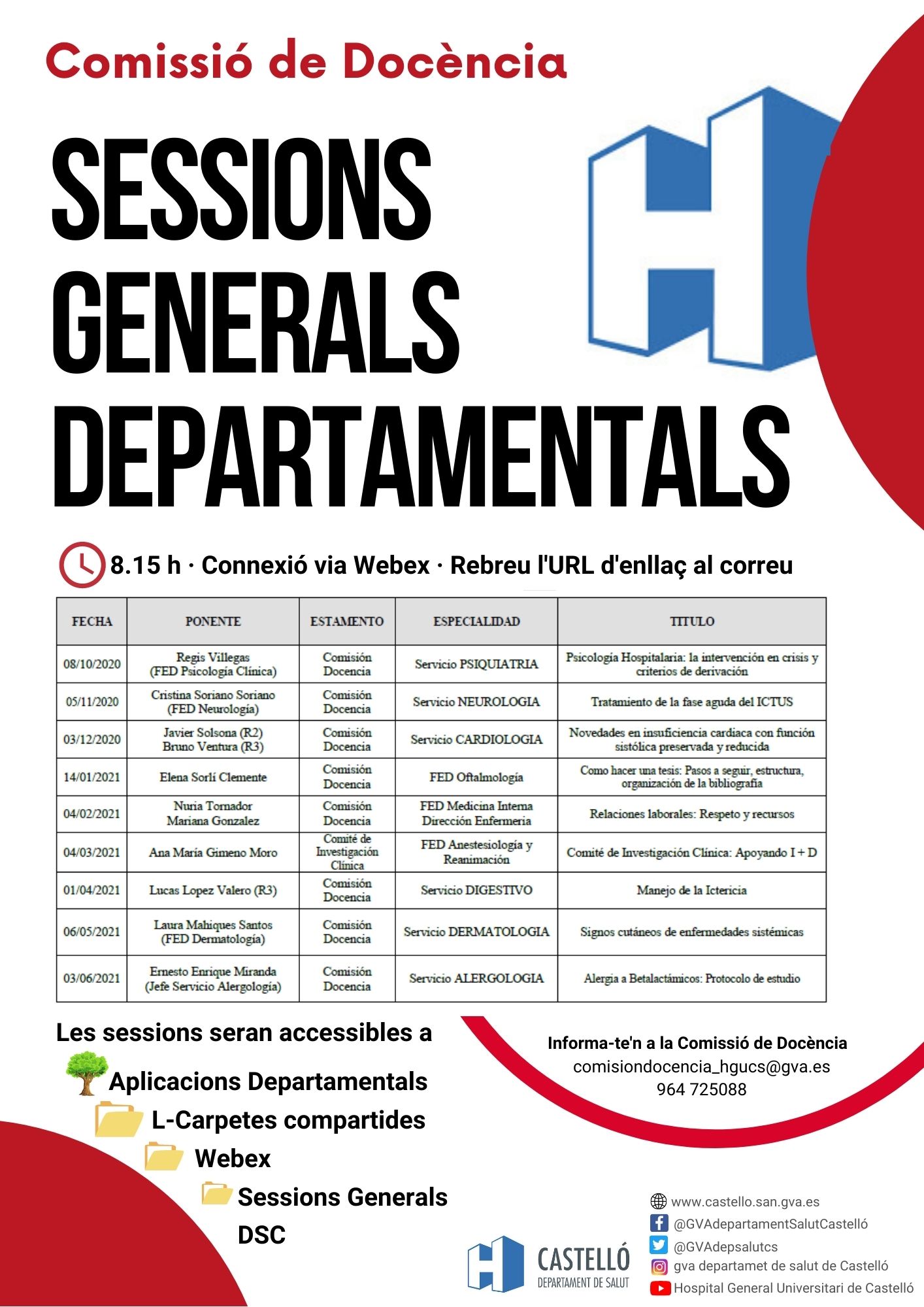 cartel de la comision de docencia con las sesiones generales departamentales