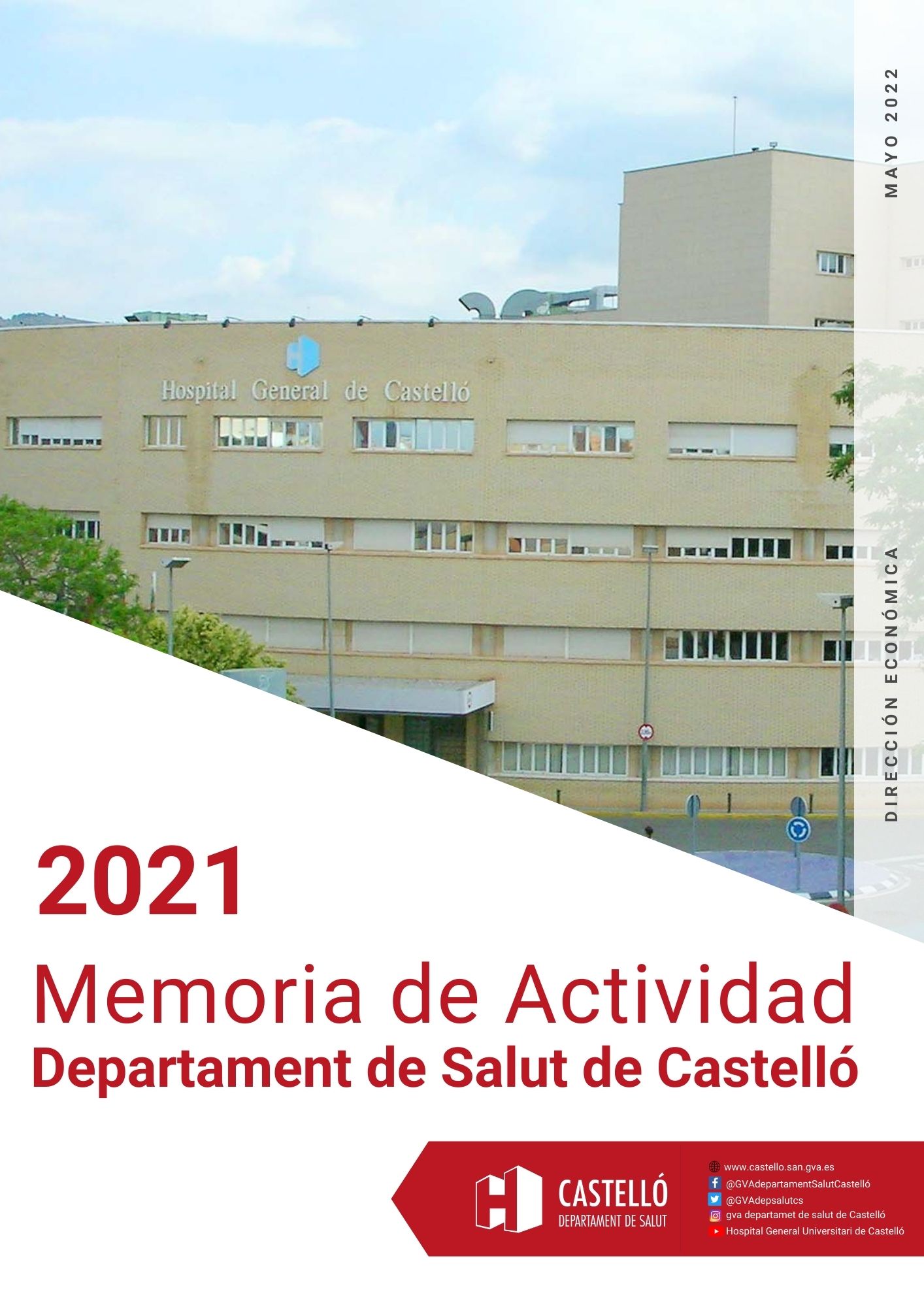 portada de la Memoria de Actividad 2021 en la que se la fachada del Hospital General de Castelló